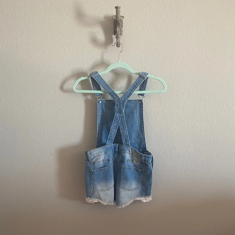 Cherokee Lace Trim Stretch Denim Overall Shorts​​​​​​​​​